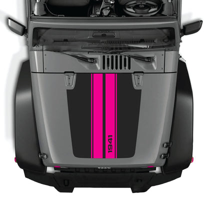 Jeep Wrangler JK hood decal with 1941 stripes graphic kit in black and white vinyl, CarCode premium hood panel sticker.