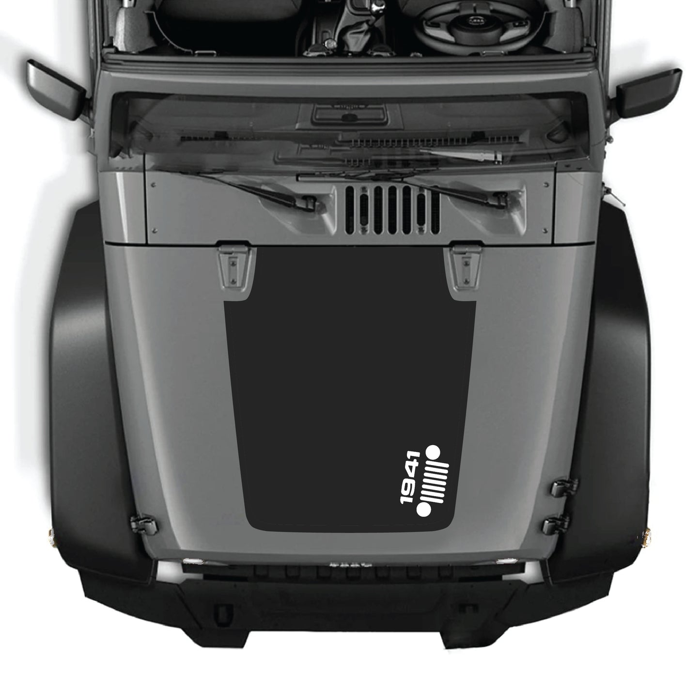 Right side hood decal graphic kit for Jeep Wrangler JK and JKU 2007-2018, premium vinyl decal with 1941 grill design by CarCode.