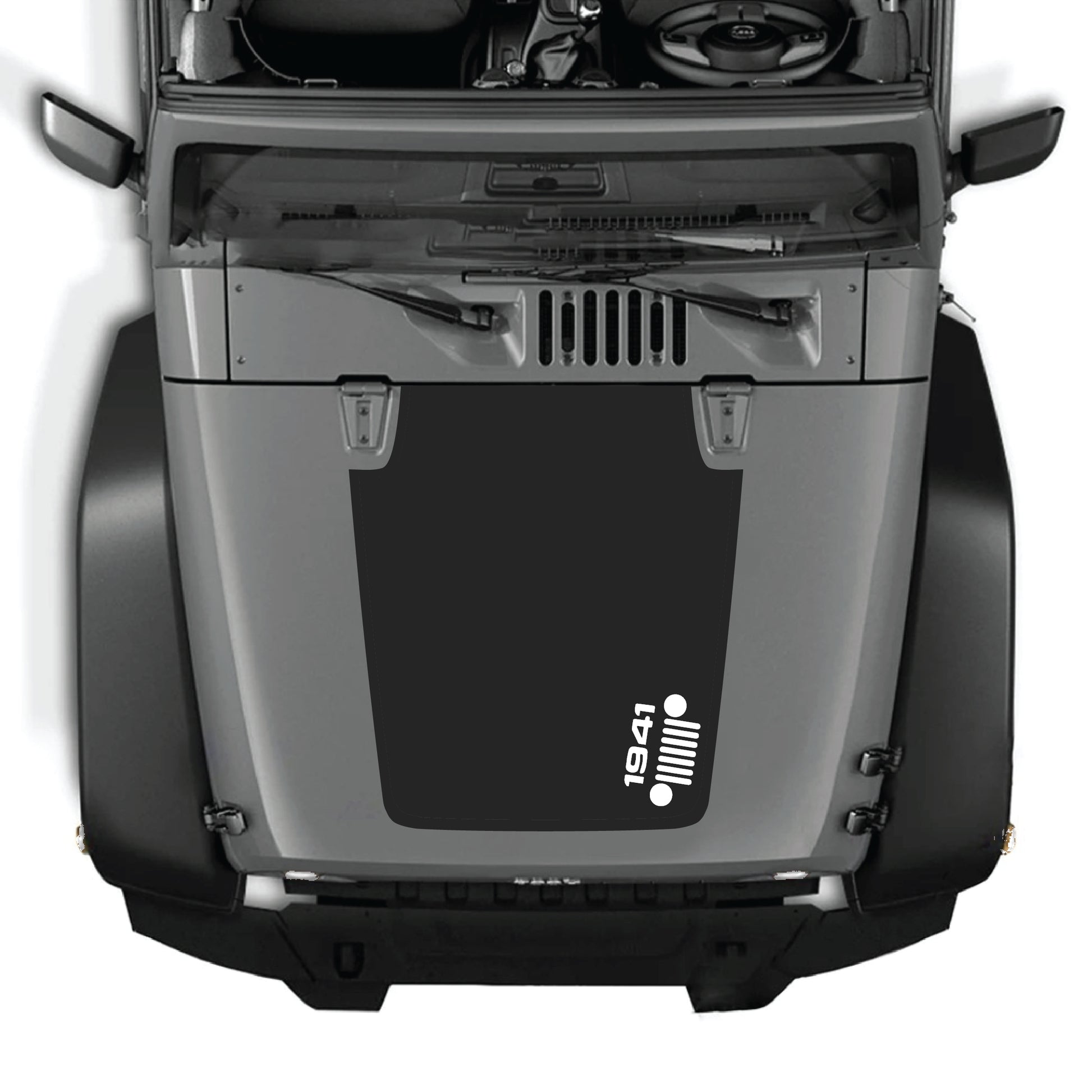 Right side hood decal graphic kit for Jeep Wrangler JK and JKU 2007-2018, premium vinyl decal with 1941 grill design by CarCode.