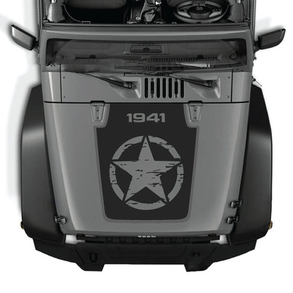 Calcomanía para el cofre del Jeep Wrangler JK con un gráfico de estrella completa, hecha de vinilo premium para un estilo personalizado.