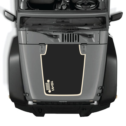 Left side hood decal with 1941 Jeep grill border graphic for Jeep Wrangler JK JKU 2007-2018, made of premium vinyl.