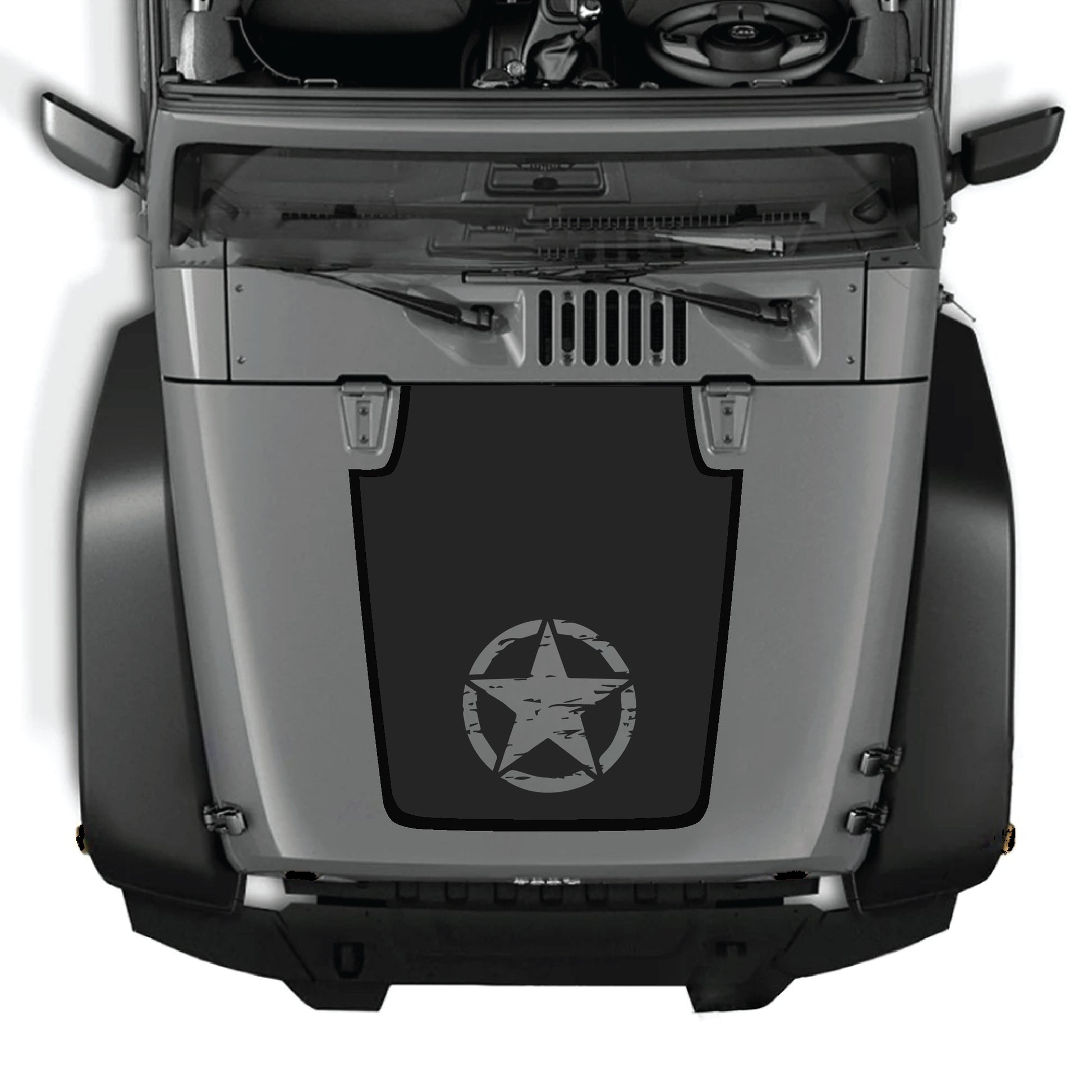 Kit de calcomanía para capó Jeep Wrangler JK con gráfico de estrella central en vinilo premium negro, diseñado para modelos 2007-2018.