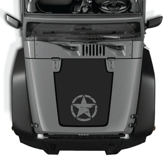 Jeep Wrangler JK hood decal kit with a center star graphic in black premium vinyl, designed for 2007-2018 models.