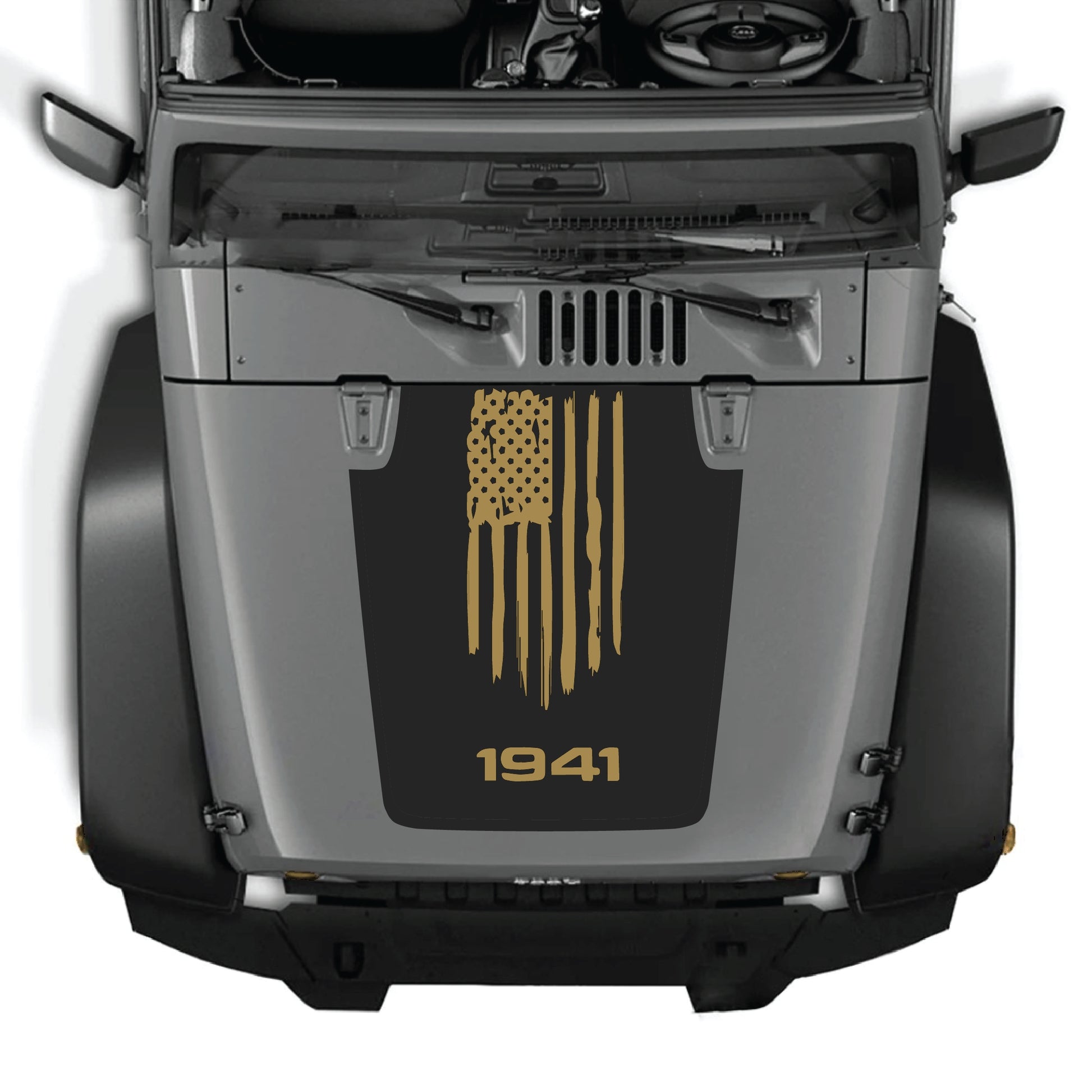 CarCode Jeep Wrangler hood decal featuring a 1941 American flag graphic sticker made of premium vinyl.