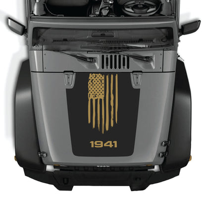 CarCode Jeep Wrangler hood decal featuring a 1941 American flag graphic sticker made of premium vinyl.