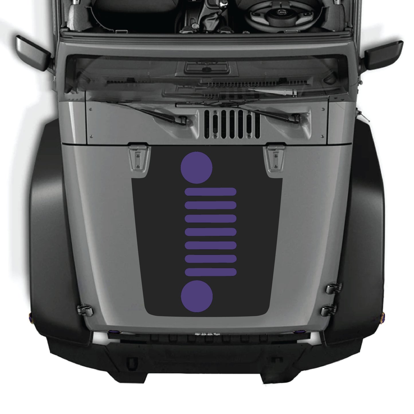 CarCode hood panel decal with vertical grill graphic for Jeep Wrangler JK JKU 2007-2018, made from premium vinyl.