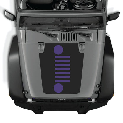 CarCode hood panel decal with vertical grill graphic for Jeep Wrangler JK JKU 2007-2018, made from premium vinyl.