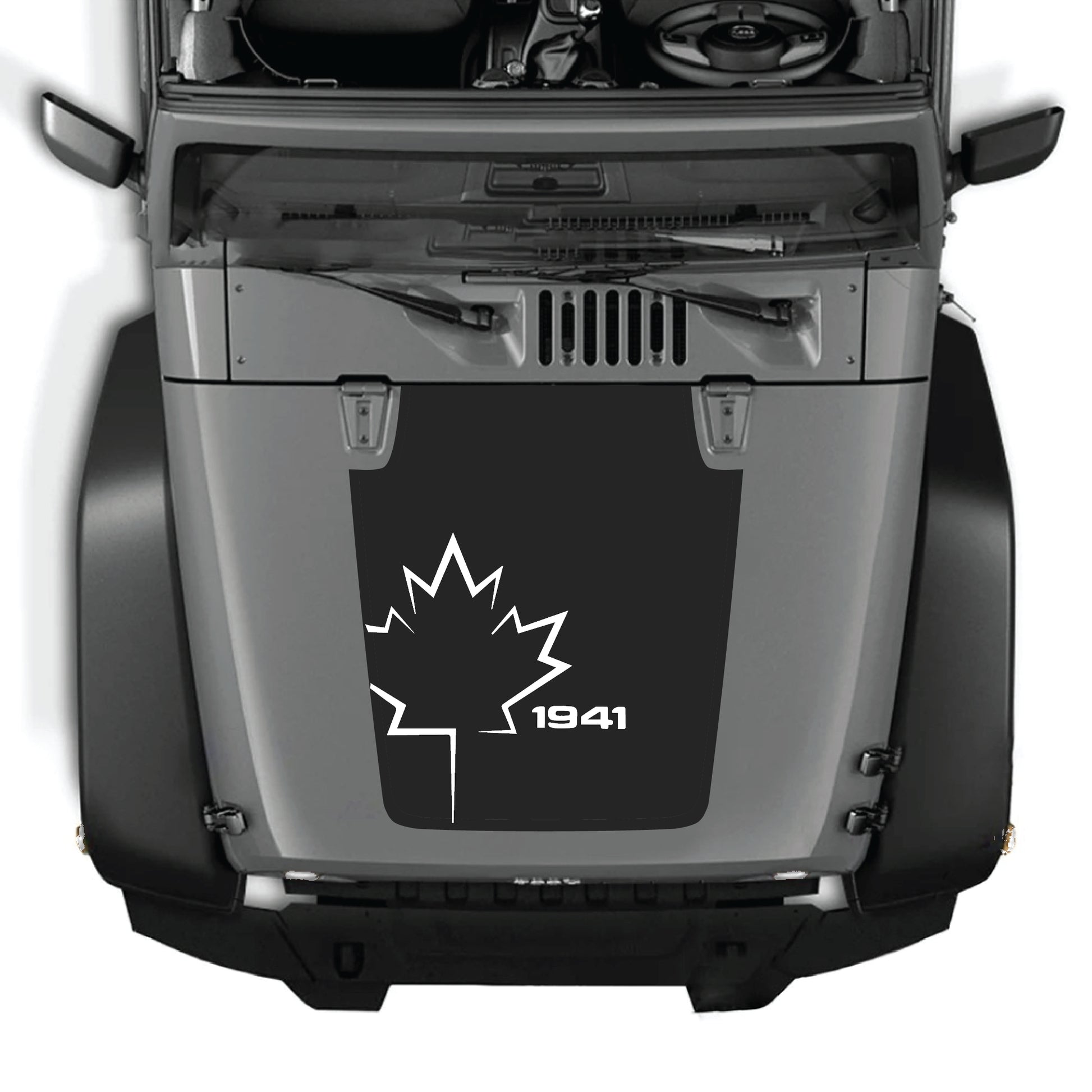 Canada leaf hood decal for Jeep Wrangler JK JKU, 2007-2018, CarCode premium vinyl sticker with 1941 graphic design.