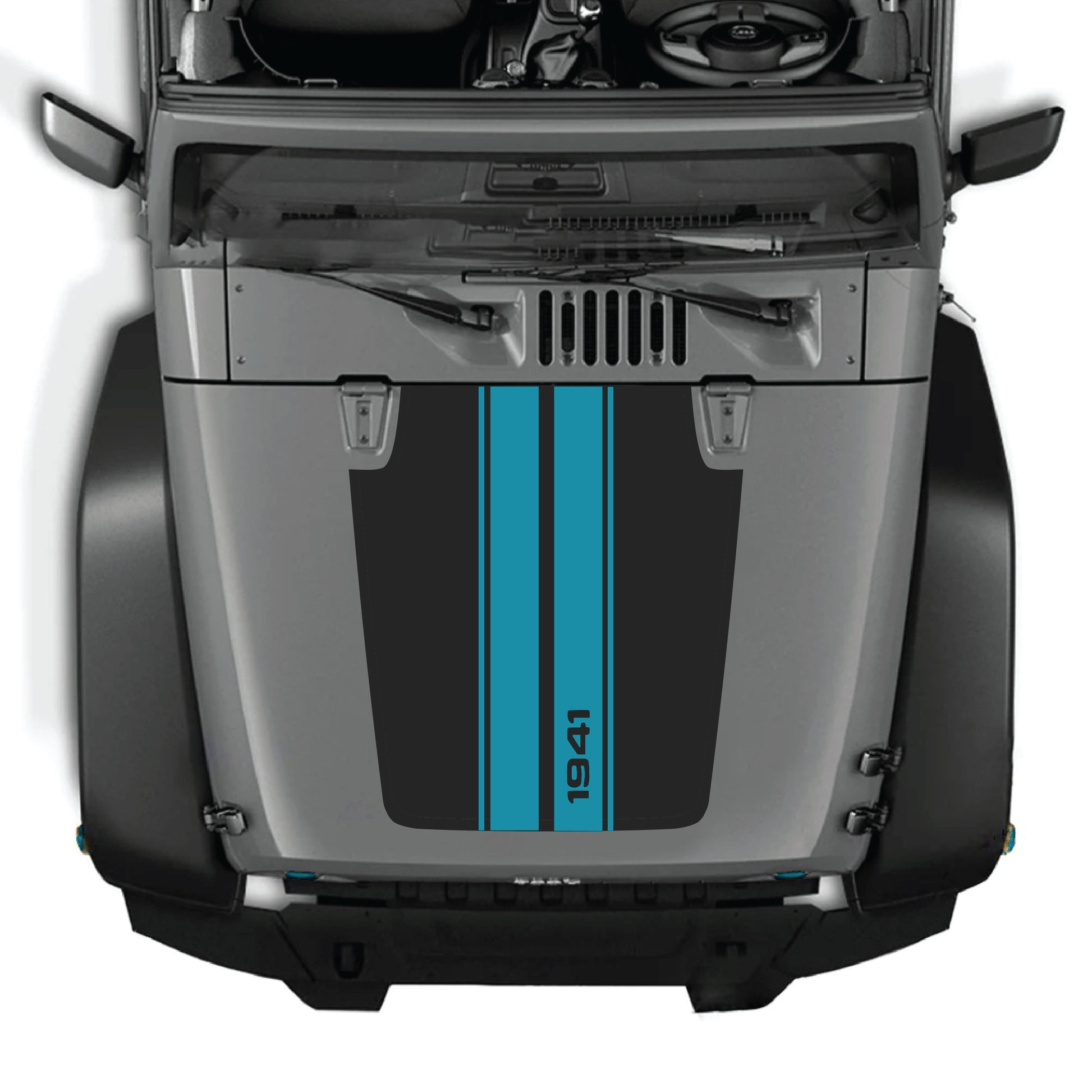 Jeep Wrangler JK hood decal with 1941 stripes graphic kit by CarCode, made of premium vinyl for a bold custom look.