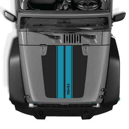 Jeep Wrangler JK hood decal with 1941 stripes graphic kit by CarCode, made of premium vinyl for a bold custom look.