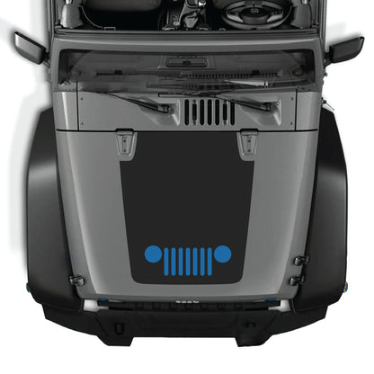 Jeep Wrangler JK hood decal by CarCode, center grill graphic kit in premium vinyl, featuring bold black and gray design.