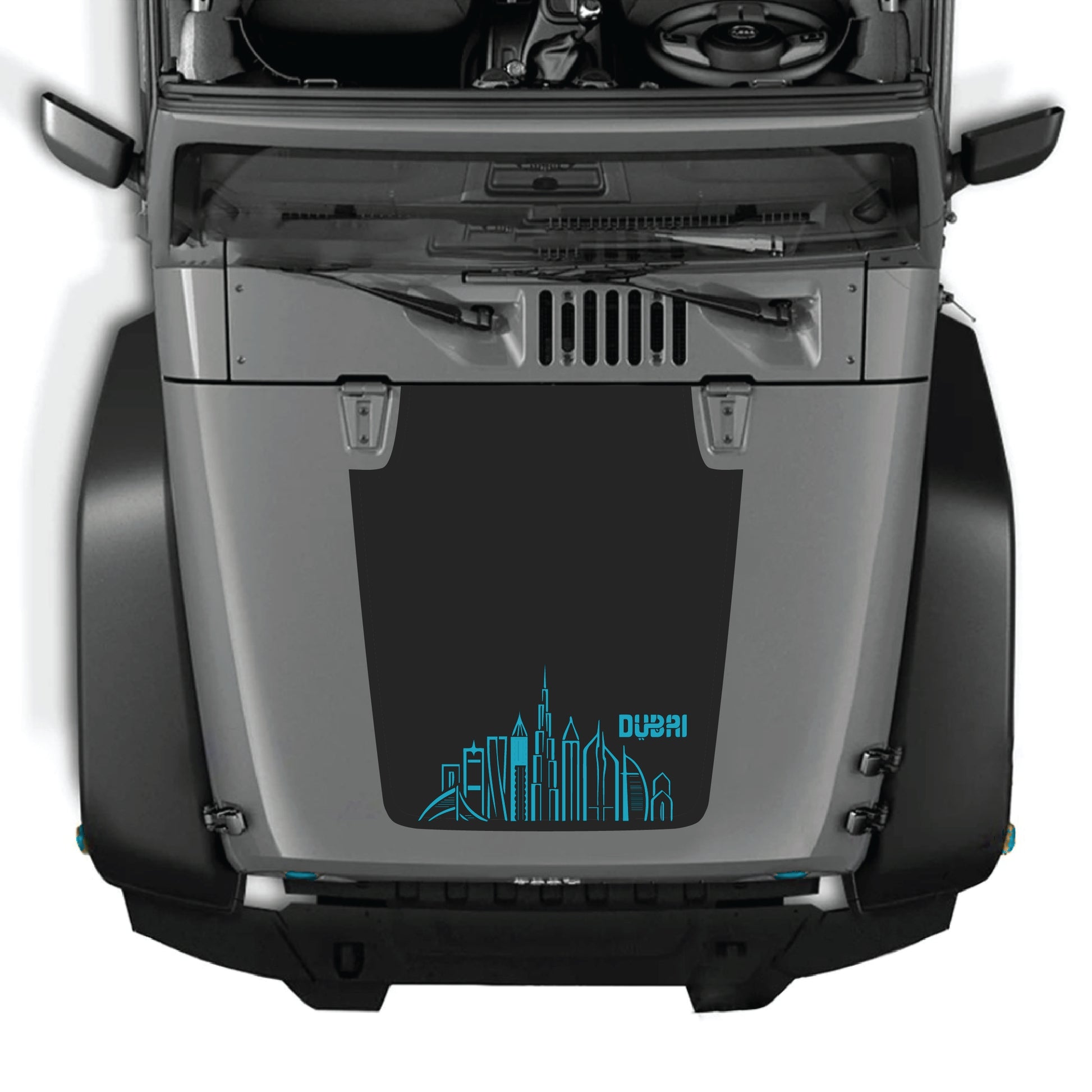 Dubai decal graphic kit for Jeep Wrangler JK JKU 2007-2018 hood panel sticker, made of premium vinyl by CarCode.