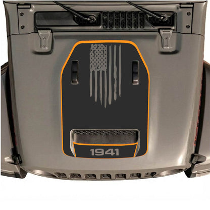 Hood Panel Decal/Sticker - 1941 America Flag with Border Graphic Decal Graphic Kit - For Jeep JL JLU 392 2018 - Premium Vinyl