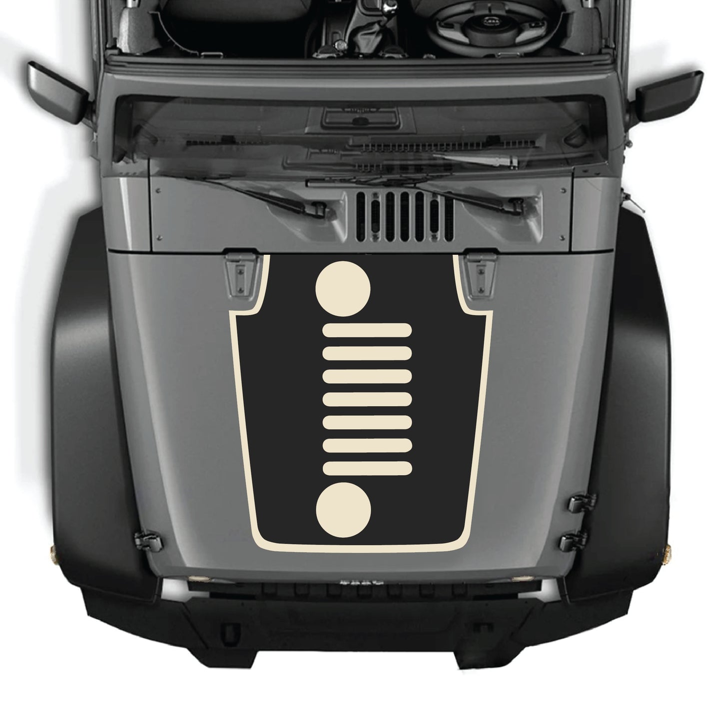 Jeep Wrangler JK JKU hood decal featuring vertical grill with border graphic in black and white vinyl by CarCode.