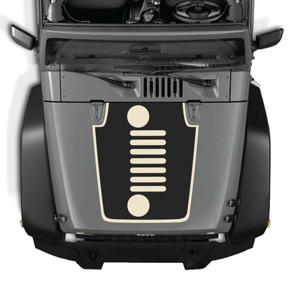 Jeep Wrangler JK JKU hood decal featuring vertical grill with border graphic in black and white vinyl by CarCode.