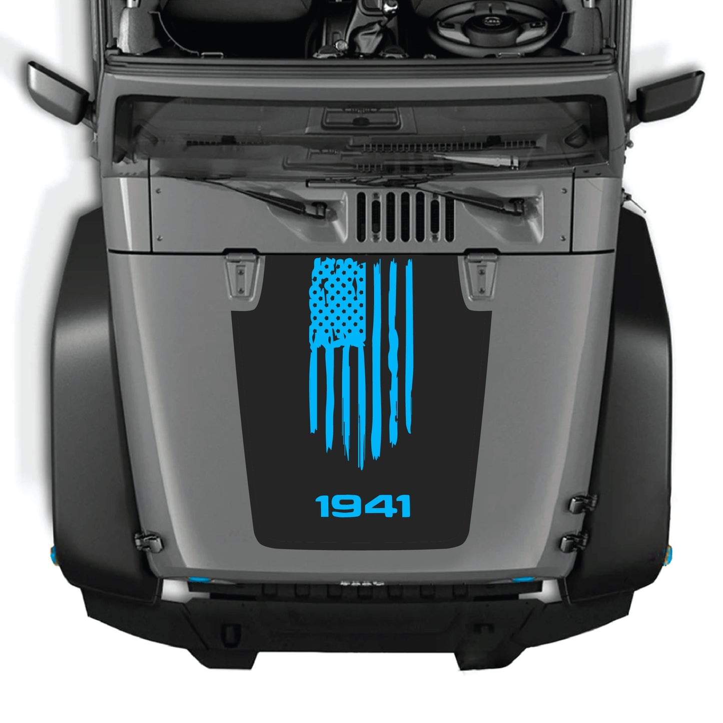 Jeep Wrangler JK hood decal featuring a 1941 American flag graphic in premium vinyl, designed for CarCode decal kit.