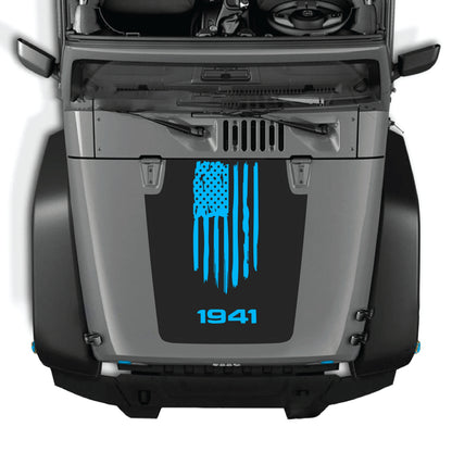Jeep Wrangler JK hood decal featuring a 1941 American flag graphic in premium vinyl, designed for CarCode decal kit.