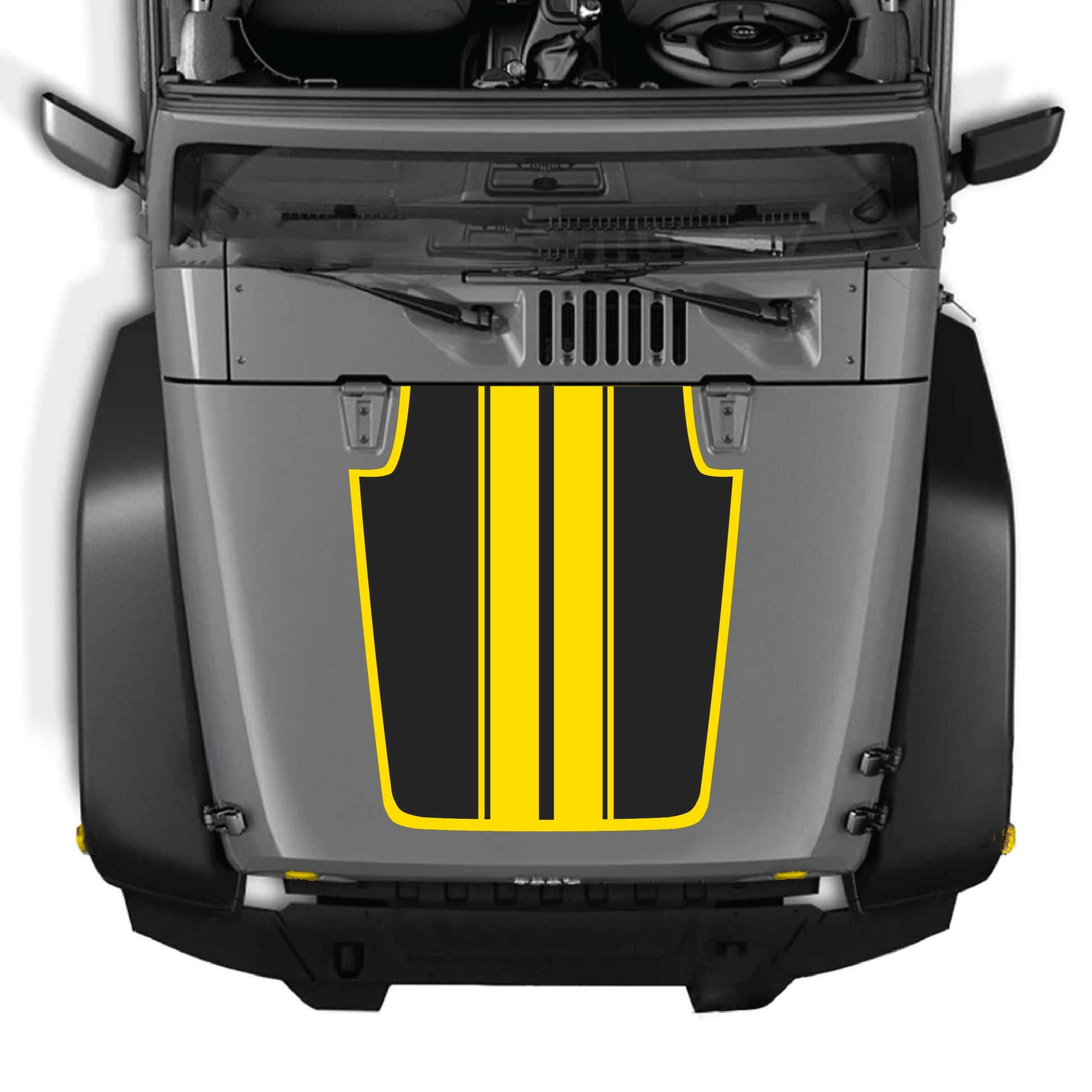 Jeep Wrangler JK hood decal with black and white stripe design and border graphic, made of premium vinyl by CarCode.
