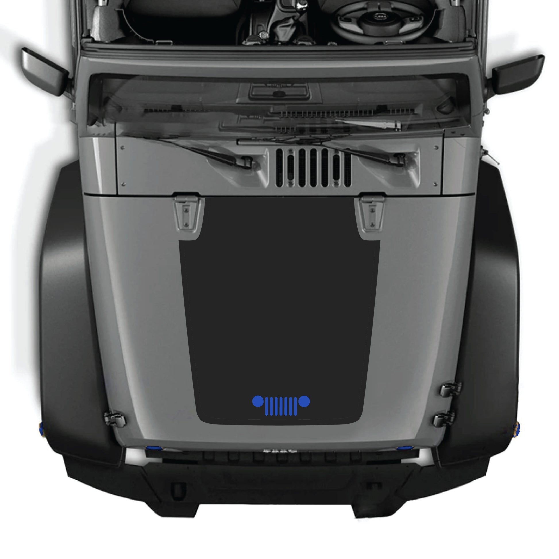Jeep Wrangler JK JKU hood decal graphic kit by CarCode, featuring premium vinyl grill design on the hood panel.