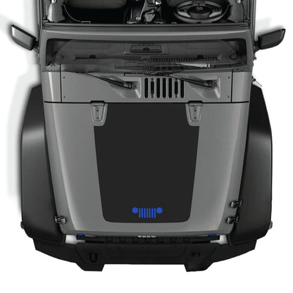 Jeep Wrangler JK JKU hood decal graphic kit by CarCode, featuring premium vinyl grill design on the hood panel.