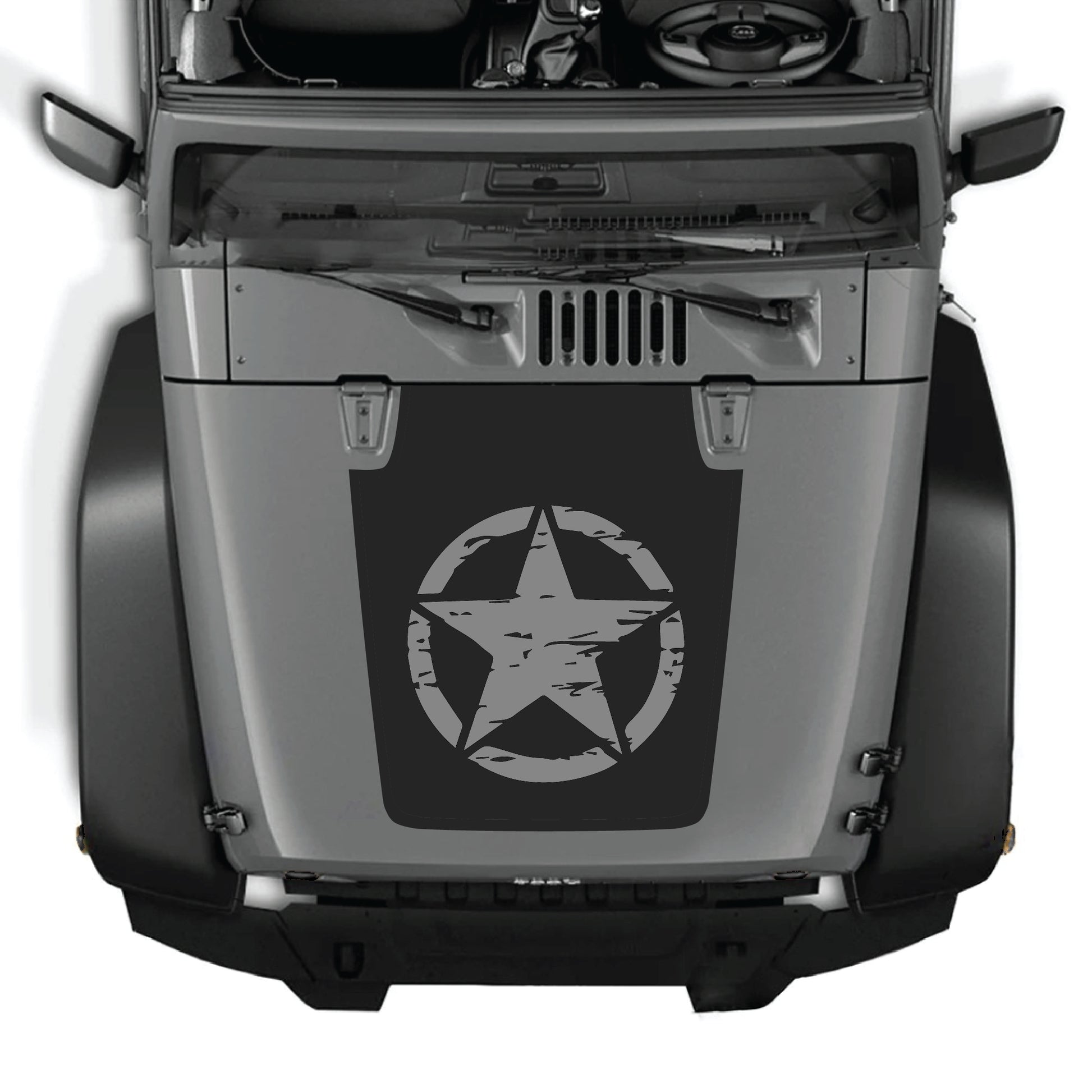 Full star hood decal graphic kit for Jeep Wrangler JK JKU by CarCode, made of premium vinyl, shown on vehicle hood.