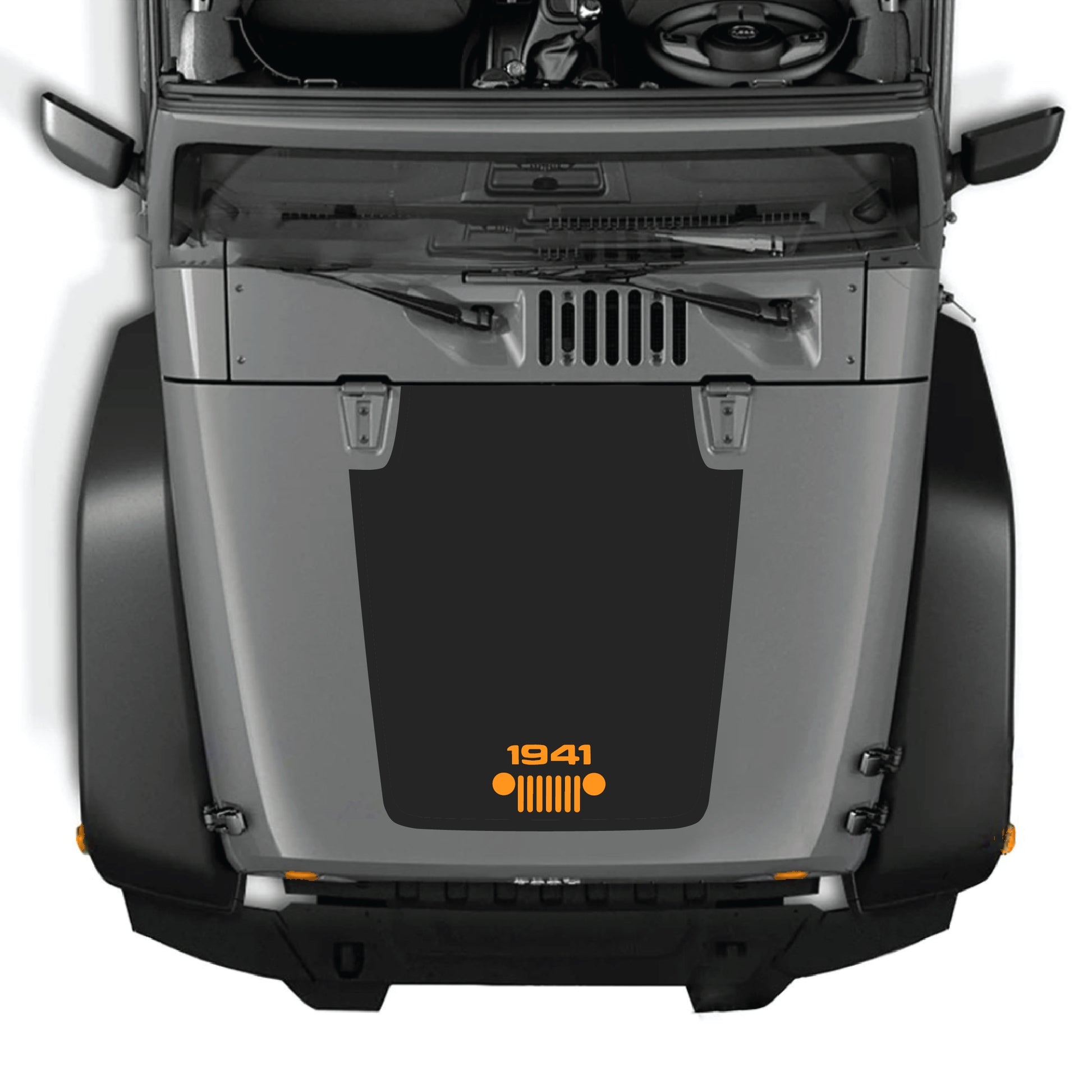 CarCode Jeep Wrangler JK hood decal with 1941 grill graphic in black premium vinyl, designed for 2007-2018 models.