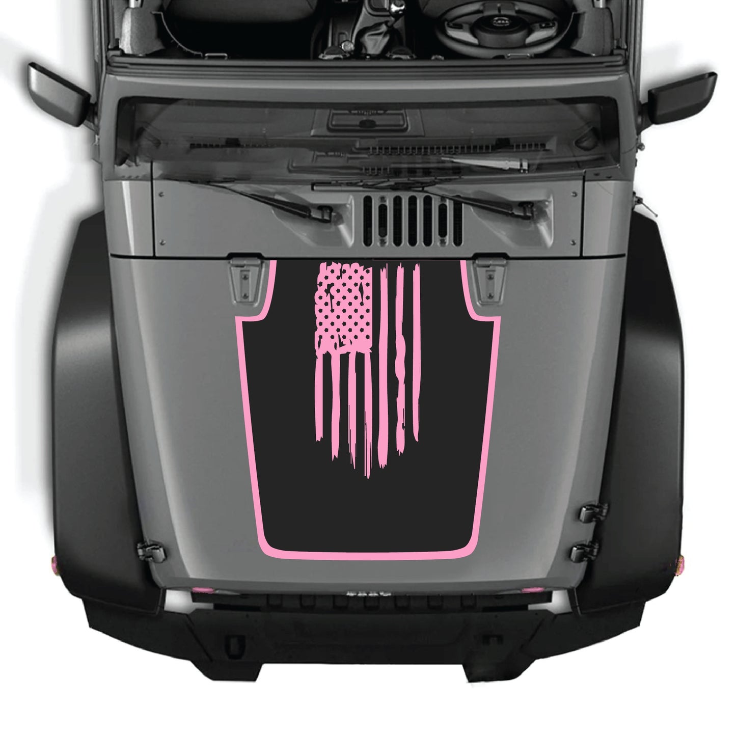 Jeep Wrangler JK hood decal featuring an America flag with border, made of premium vinyl by CarCode.