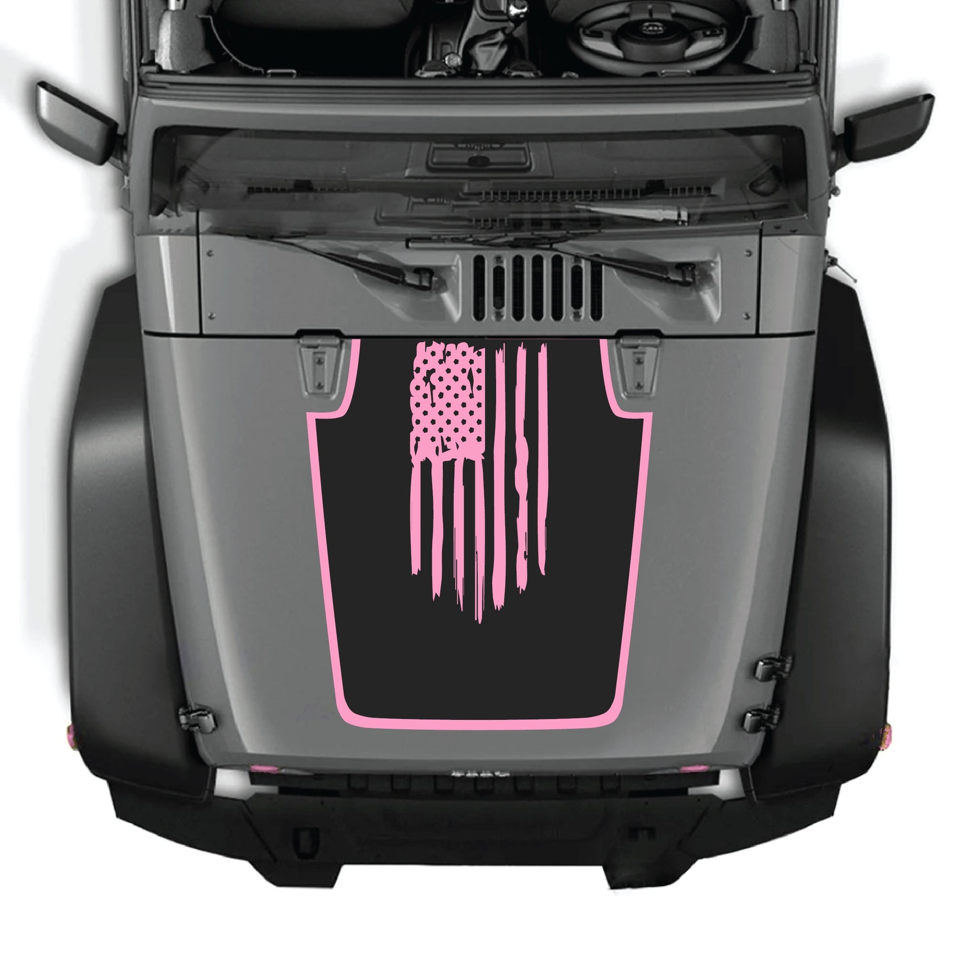 Jeep Wrangler JK hood decal featuring an America flag with border, made of premium vinyl by CarCode.