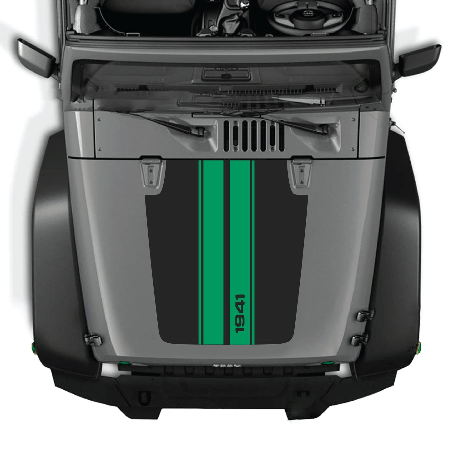 Jeep Wrangler JK hood decal with 1941 stripe graphic kit in black and white vinyl, designed for CarCode 1941 stripes decal.