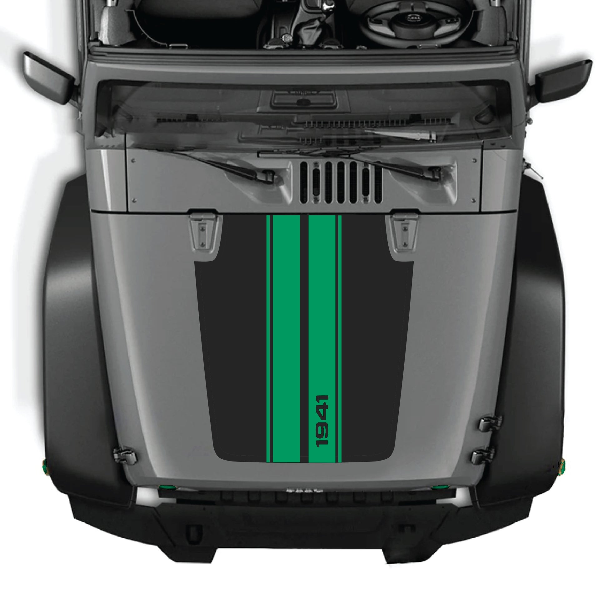 Jeep Wrangler JK hood decal with 1941 stripe graphic kit in black and white vinyl, designed for CarCode 1941 stripes decal.