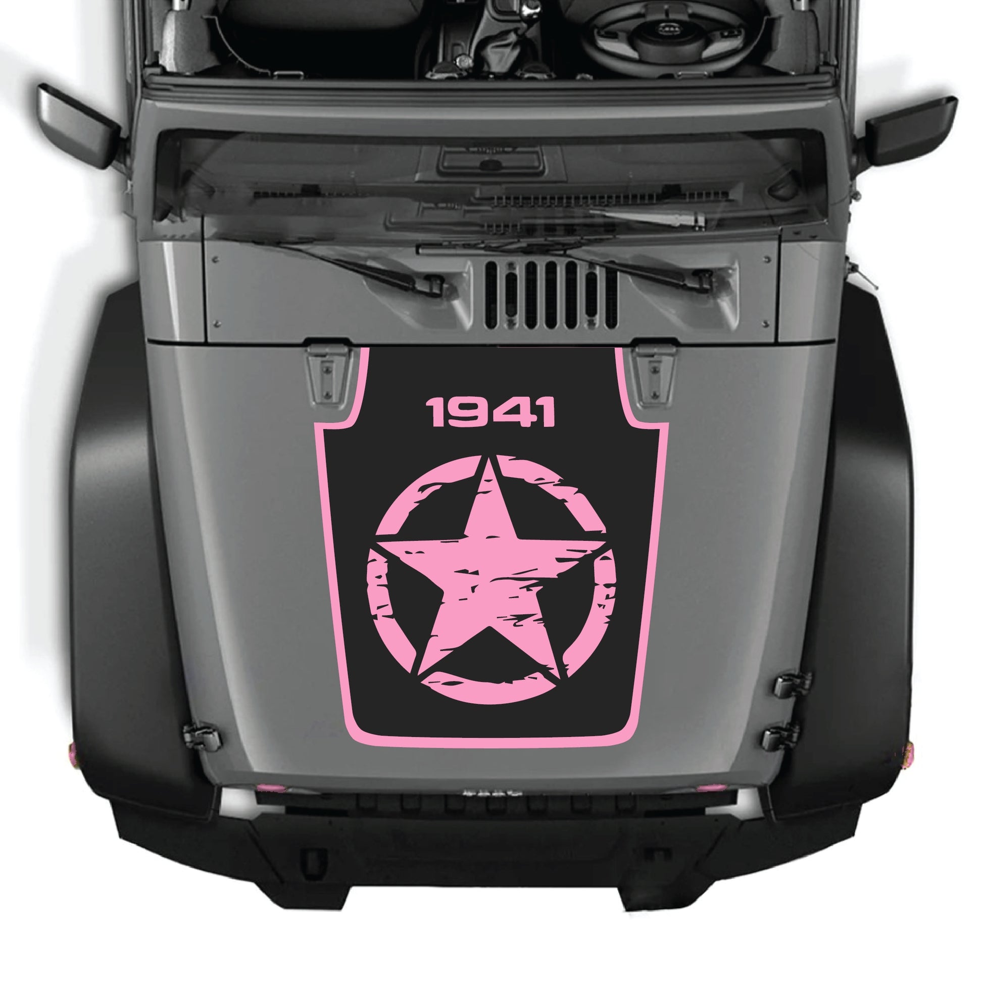 Full star 1941 hood decal with border graphic kit on black vinyl for Jeep Wrangler JK JKU 2007-2018 by CarCode