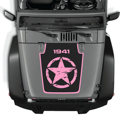 Full star 1941 hood decal with border graphic kit on black vinyl for Jeep Wrangler JK JKU 2007-2018 by CarCode
