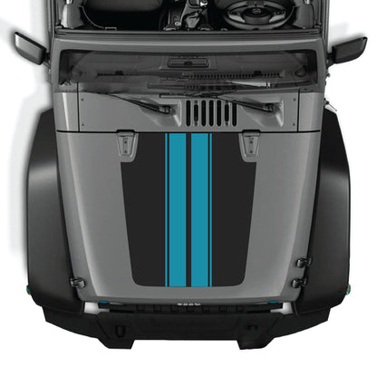 Jeep Wrangler JK JKU hood decal with black stripe graphic kit from CarCode, made of premium vinyl for a sleek look.