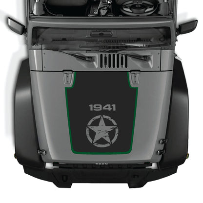 Calcomanía para capó Jeep Wrangler JK JKU con estrella central en vinilo premium negro, diseñada para modelos 2007-2018.