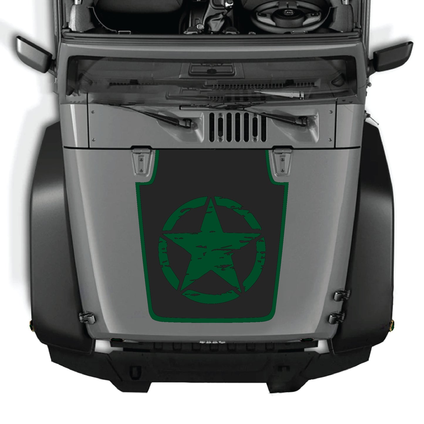 Full star with border hood decal graphic kit on a Jeep Wrangler JK JKU, made of premium vinyl by CarCode.