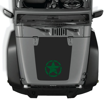 Jeep Wrangler JK hood decal with a center star graphic in black premium vinyl, designed for 2007-2018 models.
