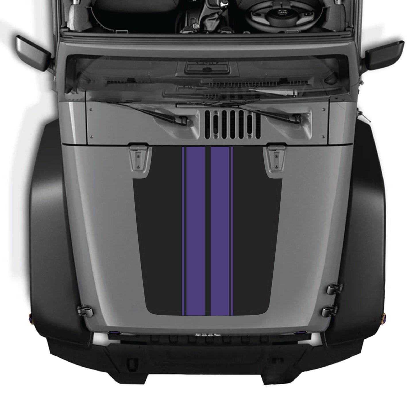 Jeep Wrangler JK hood decal with black and white stripe graphics by CarCode, made of premium vinyl for a bold, stylish look.