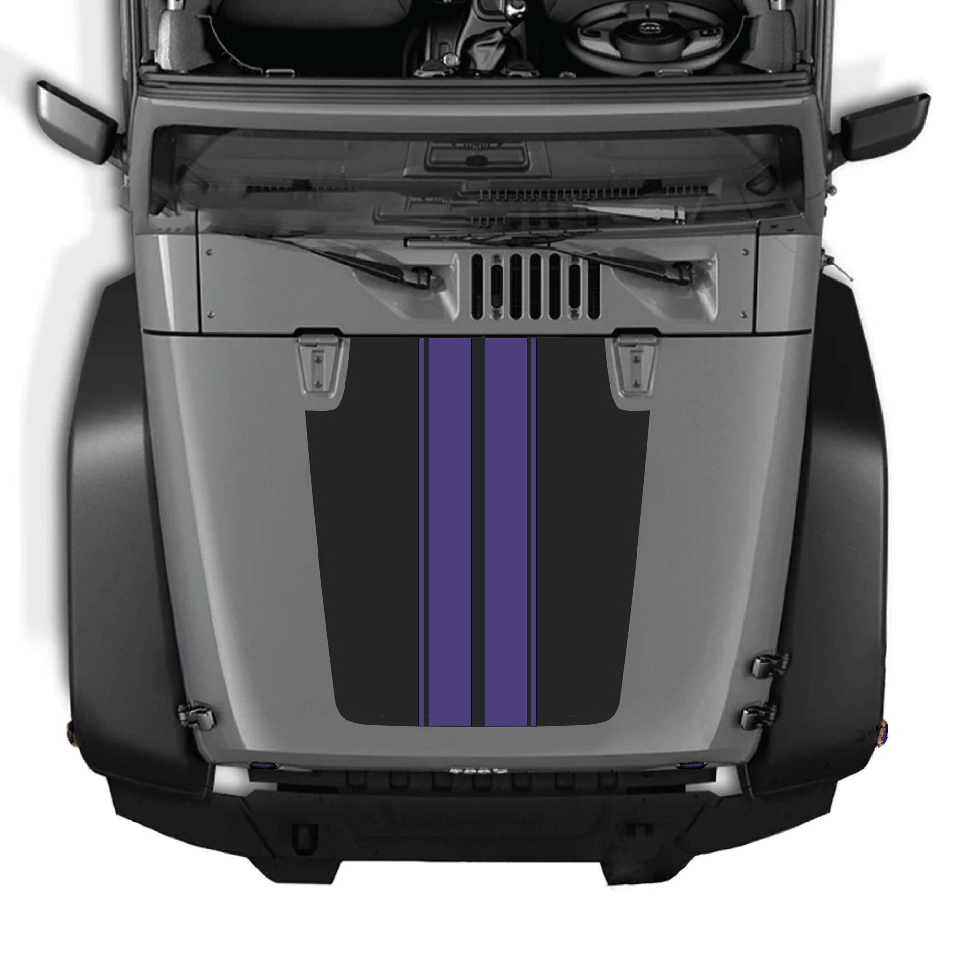Jeep Wrangler JK hood decal with black and white stripe graphics by CarCode, made of premium vinyl for a bold, stylish look.