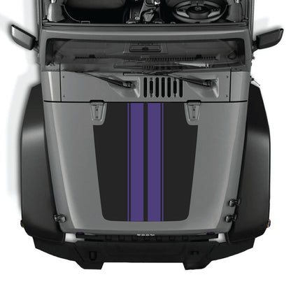 Jeep Wrangler JK hood decal with black and white stripe graphics by CarCode, made of premium vinyl for a bold, stylish look.