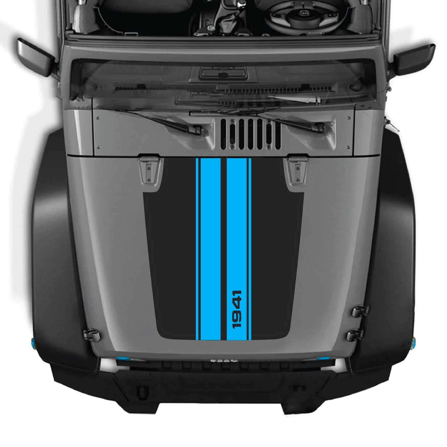 Jeep Wrangler JK hood decal with 1941 stripes graphic kit in black and white premium vinyl, designed for 2007-2018 models.