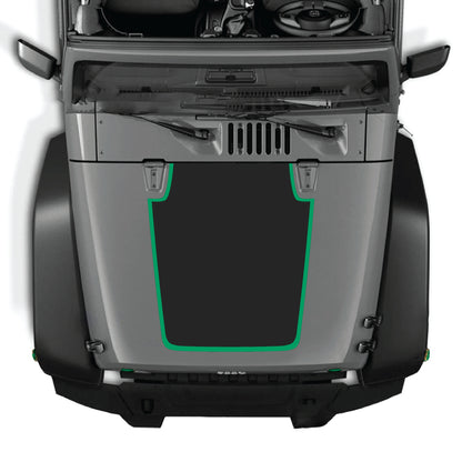 Solid black hood decal with border design for Jeep Wrangler JK JKU, made of premium vinyl by CarCode.