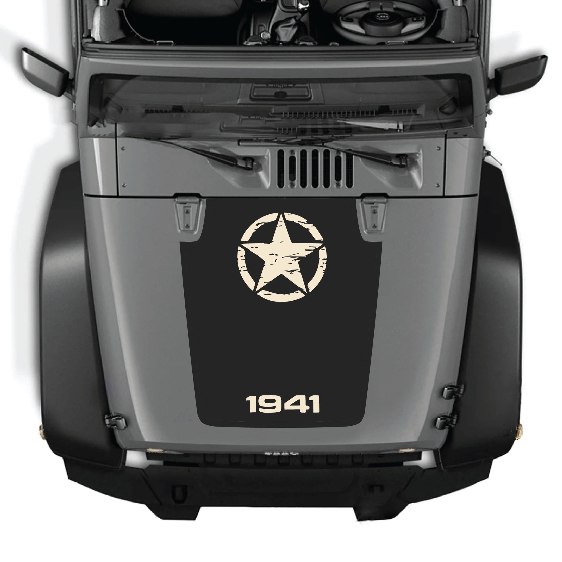 Jeep Wrangler JK hood decal featuring a 1941 star graphic in black premium vinyl by CarCode, designed for 2007-2018 models.