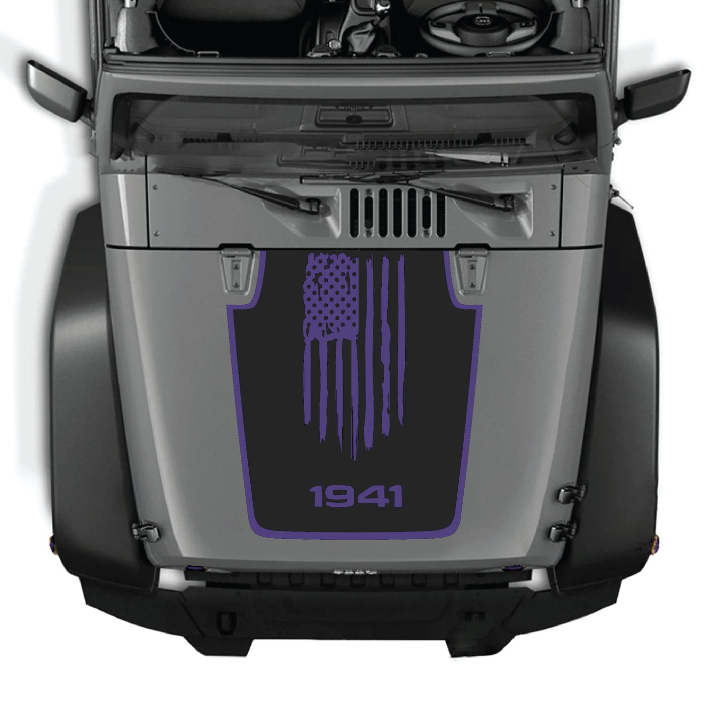 Jeep Wrangler with CarCode America Flag 1941 hood decal featuring border design, made of premium vinyl, fits JK JKU 2007-2018.