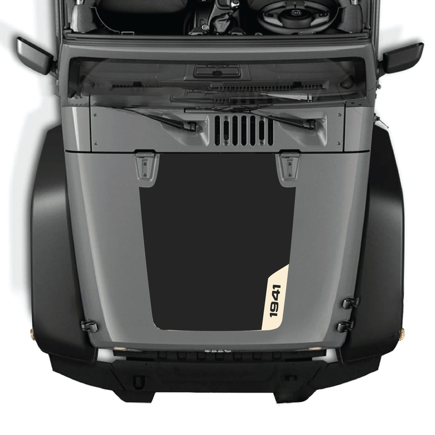 Right side Jeep Wrangler JK hood decal graphic kit with 1941 design in premium vinyl by CarCode, for 2007-2018 models.