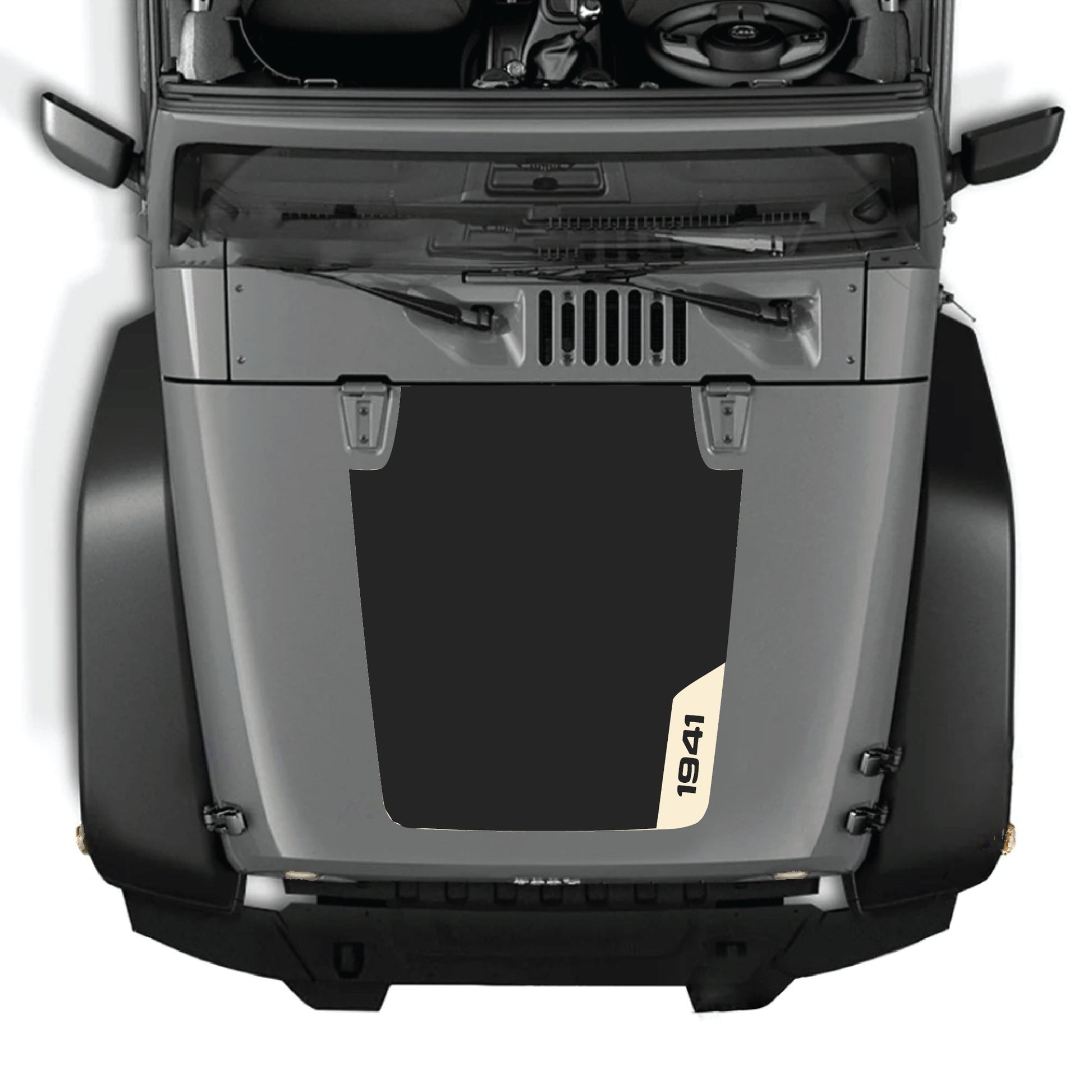 Right side Jeep Wrangler JK hood decal graphic kit with 1941 design in premium vinyl by CarCode, for 2007-2018 models.