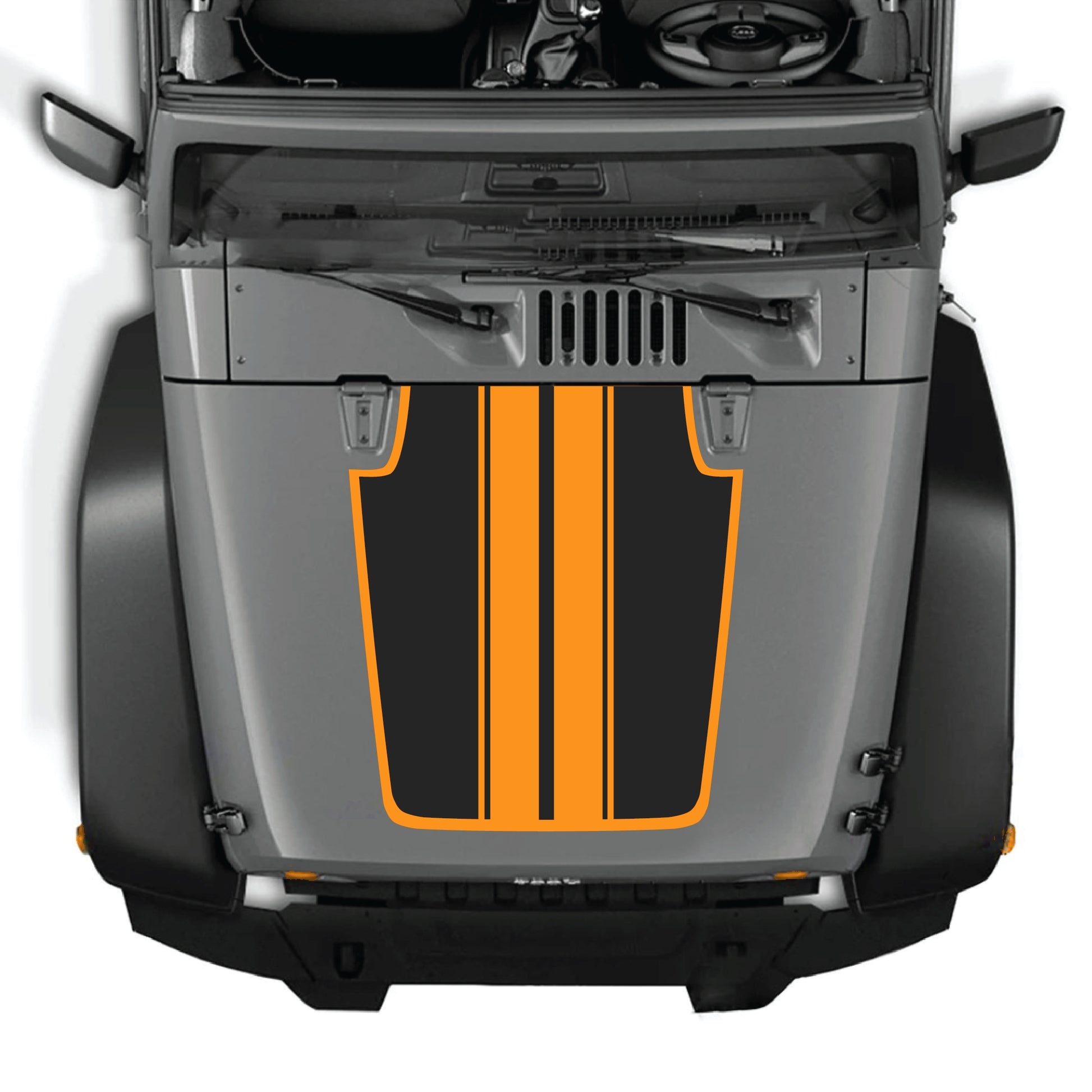 Jeep Wrangler JK hood decal with black and white stripe design and border graphic, made from premium vinyl by CarCode.