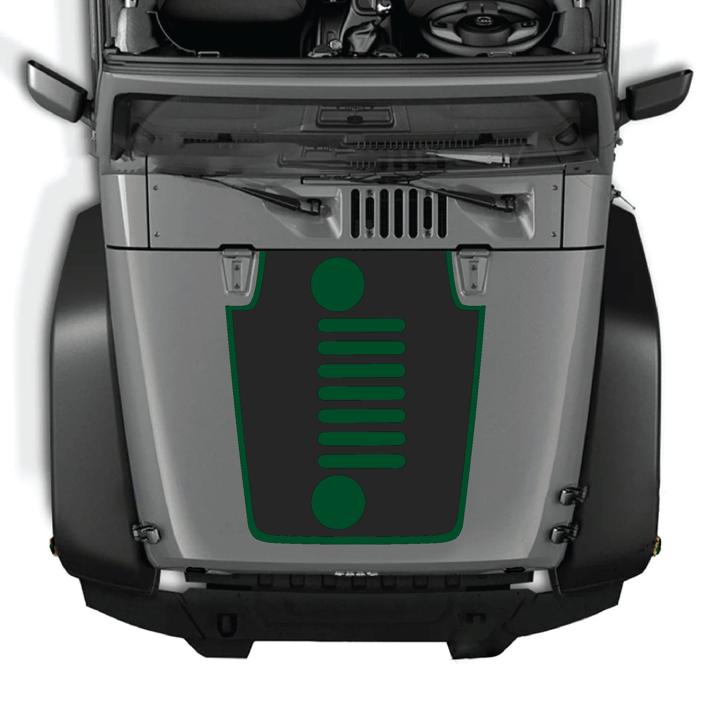 Vertical grill hood decal with border graphic kit for Jeep Wrangler JK JKU 2007-2018, made of premium vinyl by CarCode.
