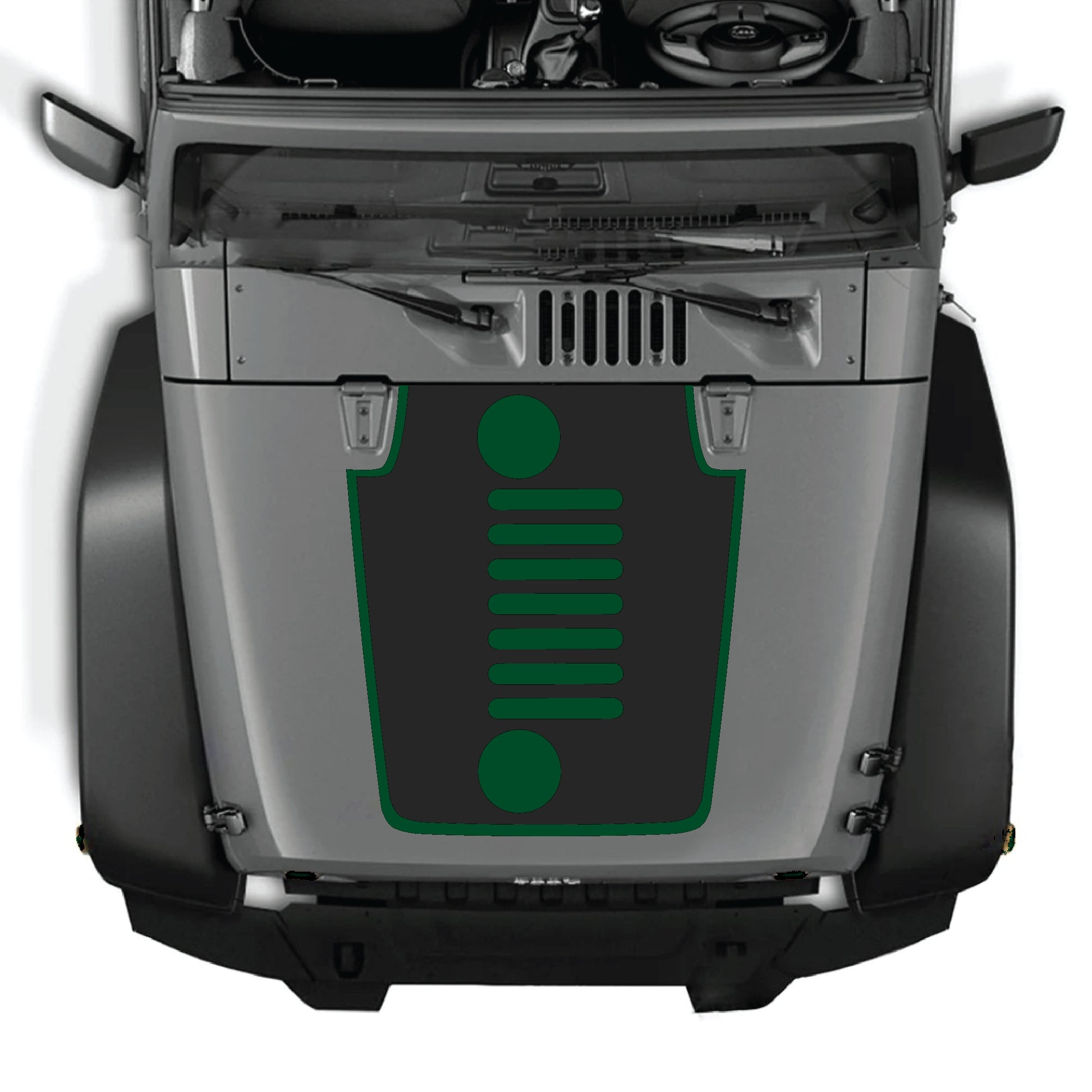 Vertical grill hood decal with border graphic kit for Jeep Wrangler JK JKU 2007-2018, made of premium vinyl by CarCode.