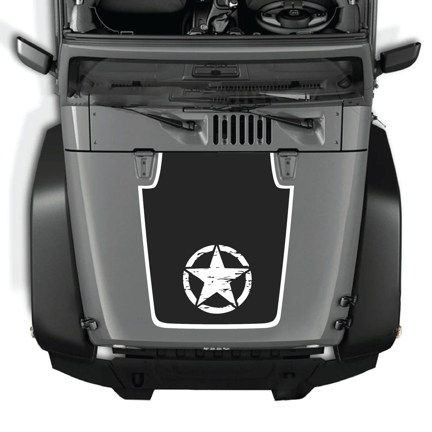 Jeep Wrangler JK JKU hood decal featuring a center star with border graphic in premium vinyl by CarCode.