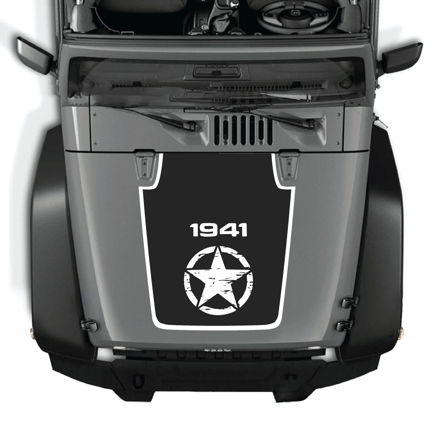 Jeep Wrangler JK JKU hood decal featuring a center star with border design, made from premium vinyl by CarCode.